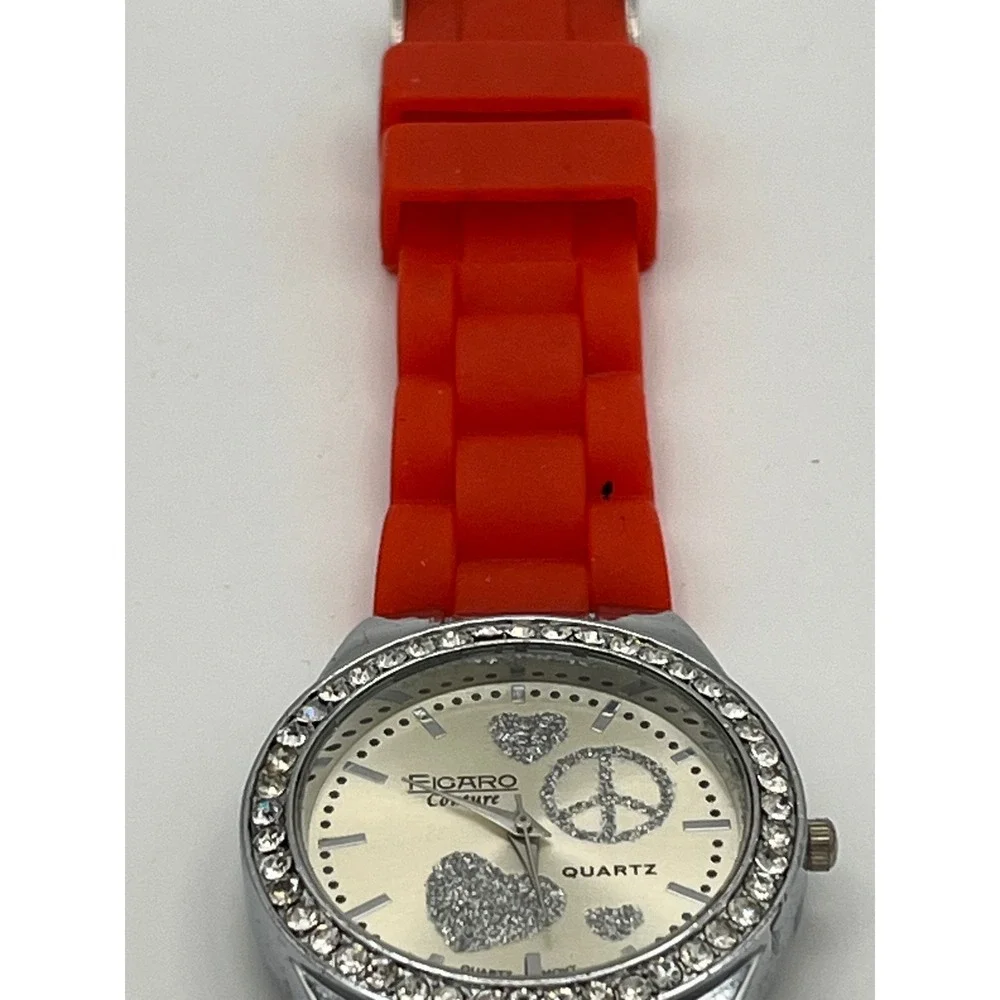 Figaro Couture Red Silicone Rhinestone Peace Heart Quartz Fashion Watch